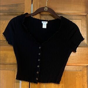 Black Ribbed Button-Up Women's Top